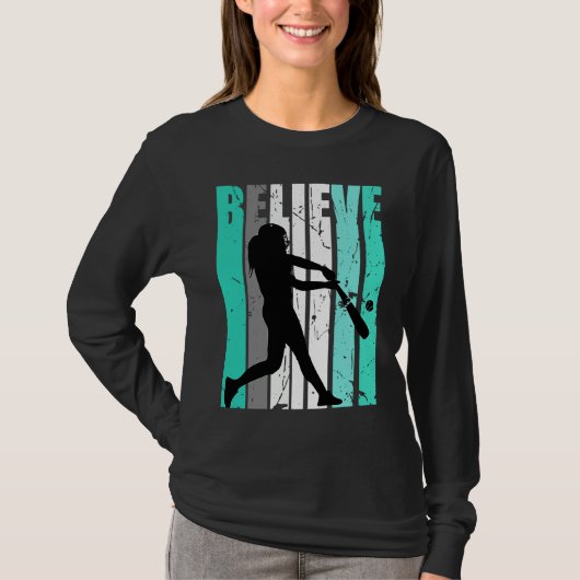 Womens Green Believe Baseball Softball Base Run Pl Tシャツ (正面)