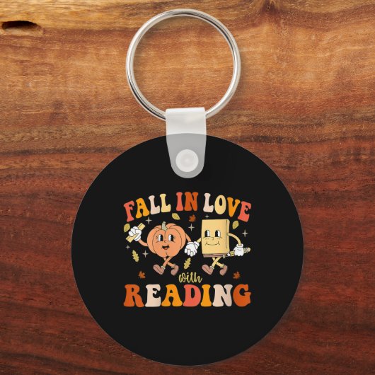 Womens Groovy Fall In Love With Reading Thanksgivi キーホルダー (正面)