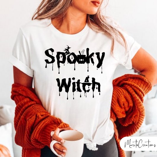 Women's Halloween Black and White Spooky Witch Tシャツ