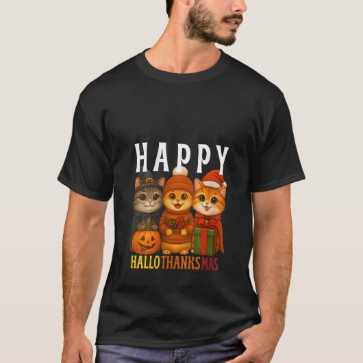 Womens Happy Hallothanksmas Cats Halloween Thanksg Tシャツ (正面)
