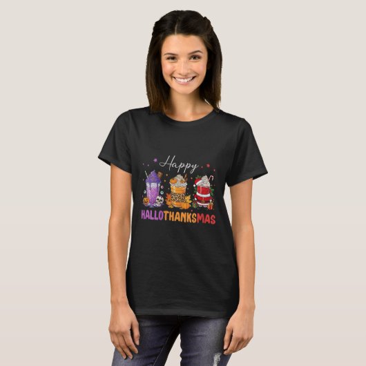 Womens Happy Hallothanksmas Halloween Thanksgiving Tシャツ (正面フル)