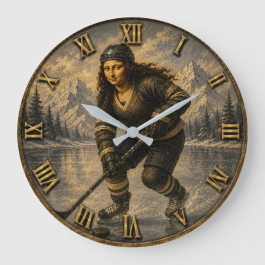 Women's Ice Hockey Funny Mona Lisa Hockey Player ラージ壁時計 (正面)