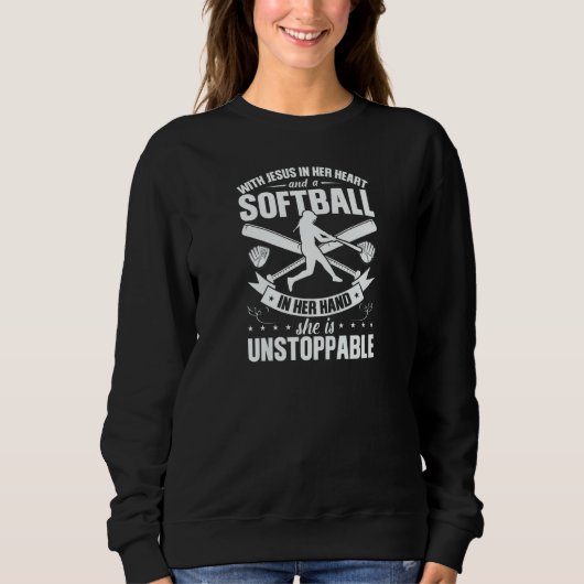 Womens Jesus In Her Heart A Softball In Her Hand S スウェットシャツ (正面)