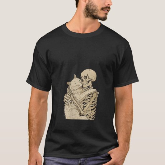 Womens Kitten Pet Skeleton Hugging Cat Graphic Hal Tシャツ (正面)