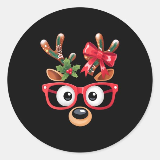 Womens Matching Family Christmas Reindeer Face Gle ラウンドシール (正面)