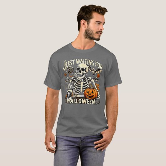 Womens Mens Just Waiting For Halloween Skeleton Su Tシャツ (正面フル)