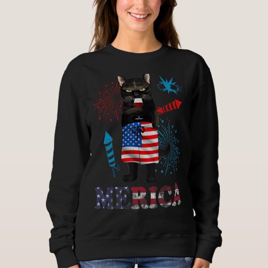 Womens  Merica Black Cat Wine Glass Firework USA F スウェットシャツ (正面)