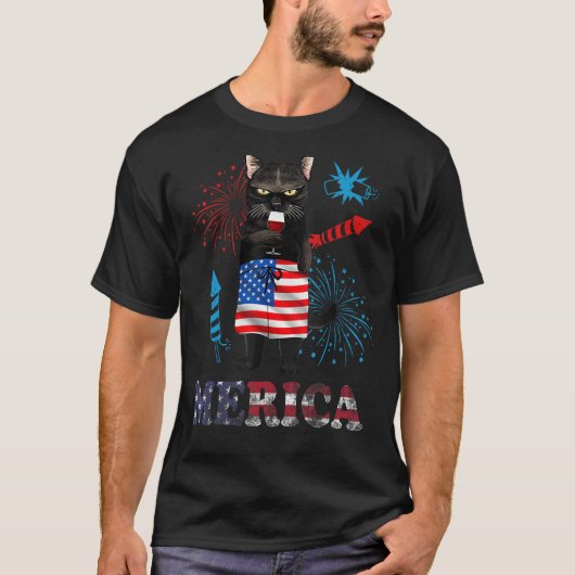 Womens  Merica Black Cat Wine Glass Firework USA F Tシャツ (正面)