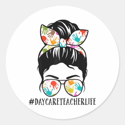 Womens Nn Daycare Teacher Life Messy Bun Mom Woman ラウンドシール (正面)