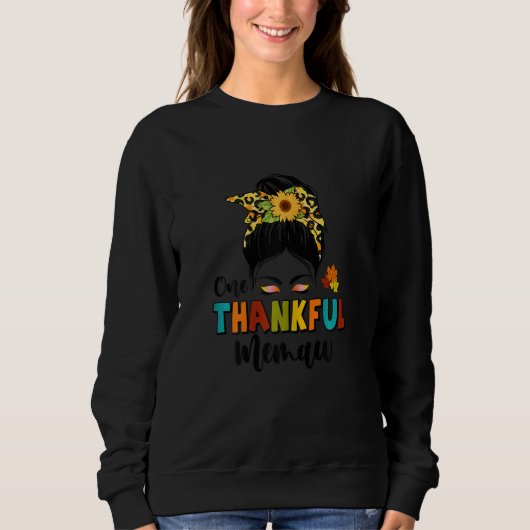 Womens One Thankful Memaw Leopard Messy Bun Fall T スウェットシャツ (正面)
