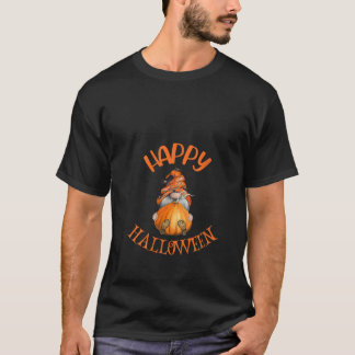 Womens Orange Black Striped Pumpkin Gnome Hallowee Tシャツ