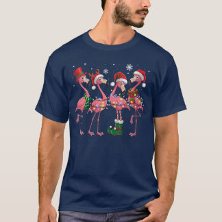 Womens Pink Flamingo Santa Hat Christmasree Lights Tシャツ
