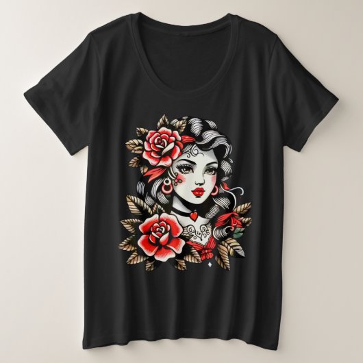 Women's Plus Size Lady with Roses T-Shirt プラスサイズTシャツ (デザイン正面)