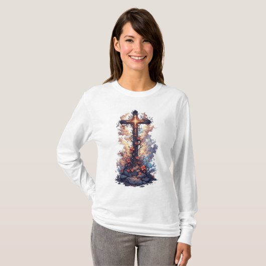 Women's Pretty Christian Cross Long Sleeve Tee Tシャツ (正面フル)