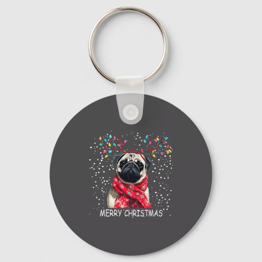 Womens Pug Dog Xmas Santa Hat F Christma Long Slee キーホルダー (正面)