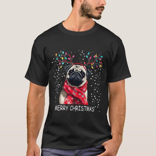 Womens Pug Dog Xmas Santa Hat F Christma Long Slee Tシャツ (正面)