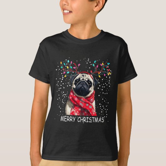 Womens Pug Dog Xmas Santa Hat F Christma Long Slee Tシャツ (正面)