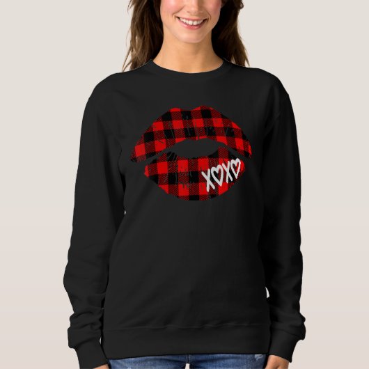 Womens Red Buffalo Plaid Lips  Valentine Day XOXO スウェットシャツ (正面)