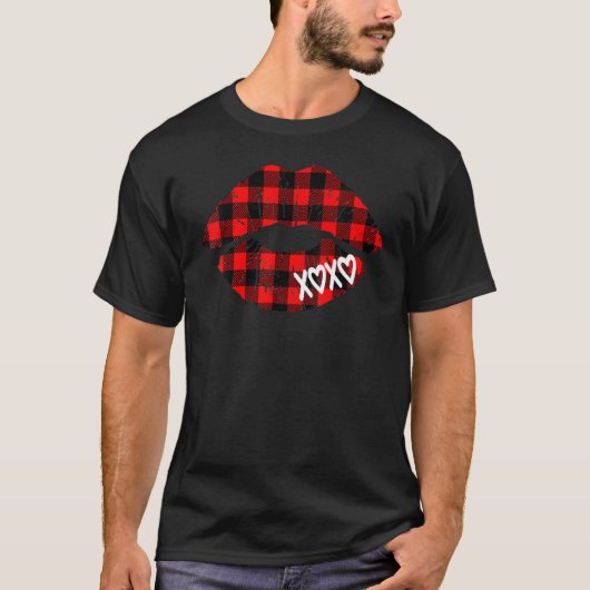 Womens Red Buffalo Plaid Lips  Valentine Day XOXO Tシャツ (正面)