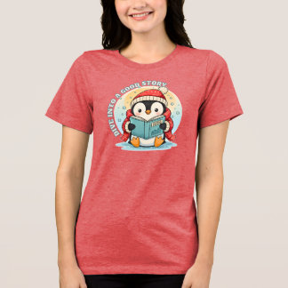 Women's Red Heather Reading Penguin Tri-blend Tee トライブレンドＴシャツ