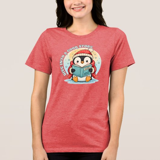 Women's Red Heather Reading Penguin Tri-blend Tee トライブレンドＴシャツ (正面)