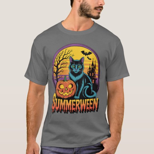 Womens Retro Black Cat Spooky Cute Art Summerween  Tシャツ (正面)