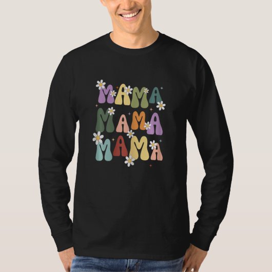 Womens Retro Mama Graphic Hippie Style With Flower Tシャツ (正面)