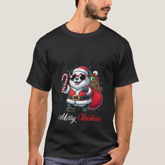 Womens Santa Panda Sunglasses Candy Cane Merry Chr Tシャツ (正面)