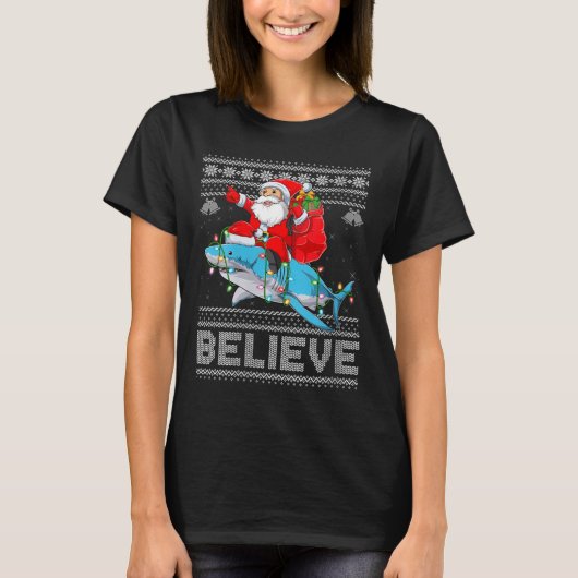 Womens Santa Riding Shark Ugly Christmas Sweater B Tシャツ (正面)