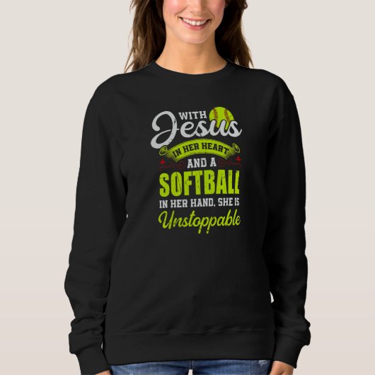 Womens Softball With Jesus And A Softball She Is U スウェットシャツ (正面)