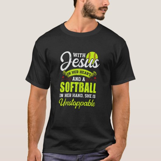 Womens Softball With Jesus And A Softball She Is U Tシャツ (正面)