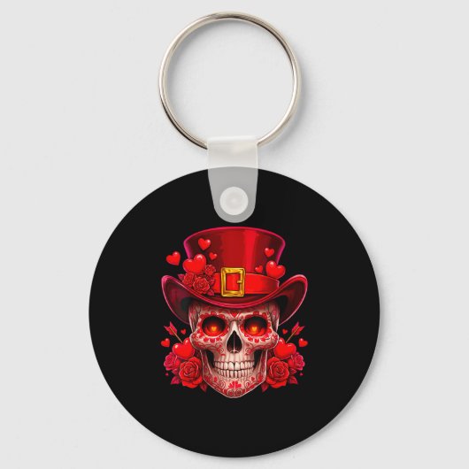 Women's Sugar Skull Valentine Cud Red Roses Couple キーホルダー (正面)
