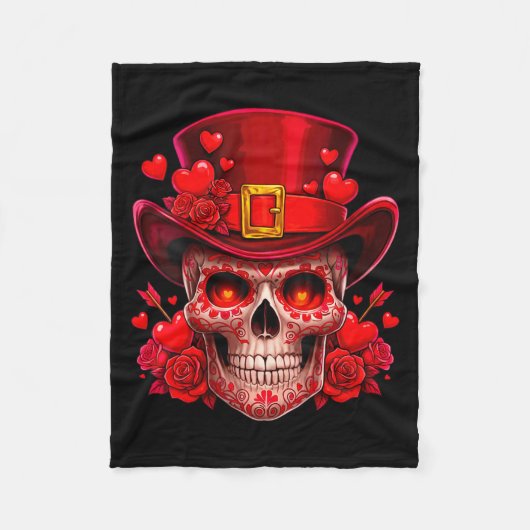 Women's Sugar Skull Valentine Cud Red Roses Couple フリースブランケット (正面)