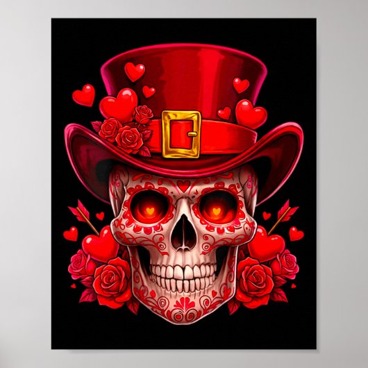 Women's Sugar Skull Valentine Cud Red Roses Couple ポスター (正面)