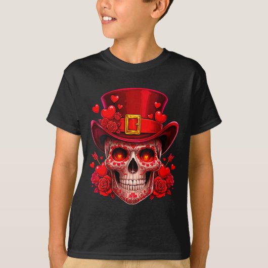 Women's Sugar Skull Valentine Cud Red Roses Couple Tシャツ (正面)