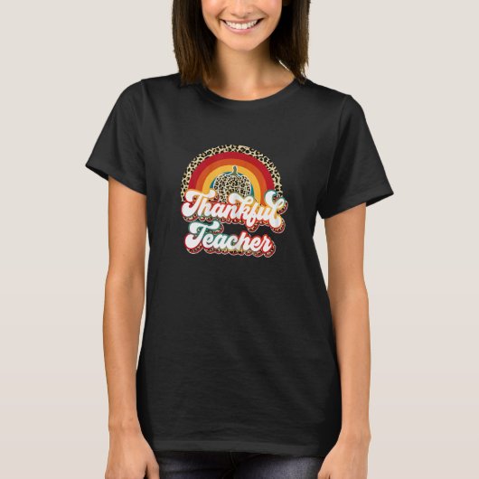 Womens Thanksful Teacher Leopard Rainbow Happy Tha Tシャツ (正面)