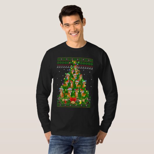 Womens Tiger  Xmas Lights Ugly Tiger Christmas Tre Tシャツ (正面フル)