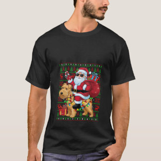 Womens Ugly Xmas Lights Santa Riding Wheaten Terri Tシャツ