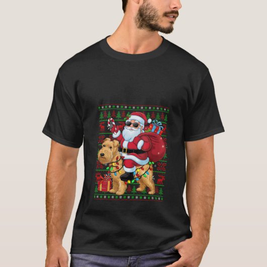 Womens Ugly Xmas Lights Santa Riding Wheaten Terri Tシャツ (正面)