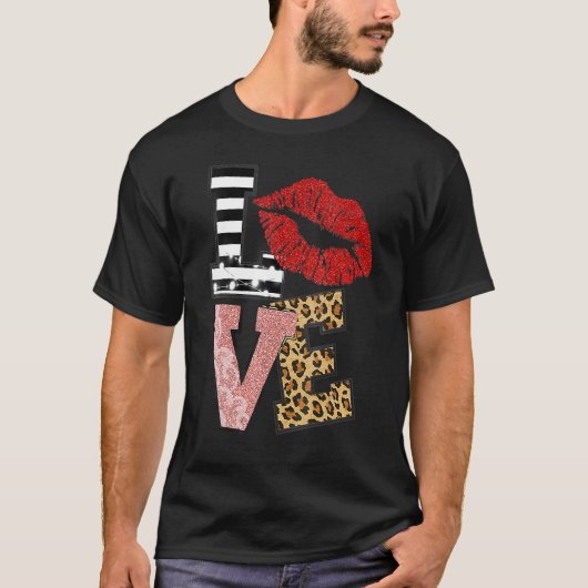 Womens Valentine Red Lips Love Leopard V Neck Tシャツ (正面)