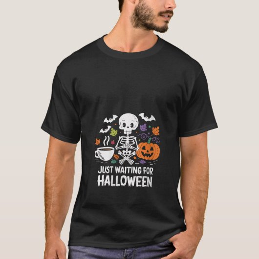 Womens Waiting for Halloween Skeleton Coffee V Nec Tシャツ (正面)