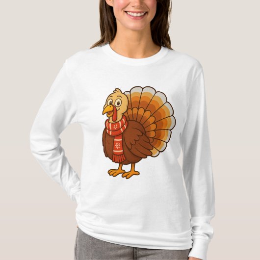 Women's Warm T-Shirt with a Cute Autumn Turkey Pri Tシャツ (正面)