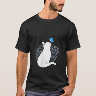 Womens White Cat and Blue Butterfly Animal Whimsic Tシャツ