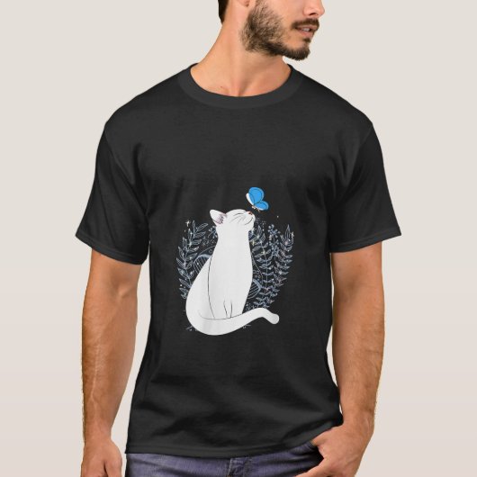 Womens White Cat and Blue Butterfly Animal Whimsic Tシャツ (正面)