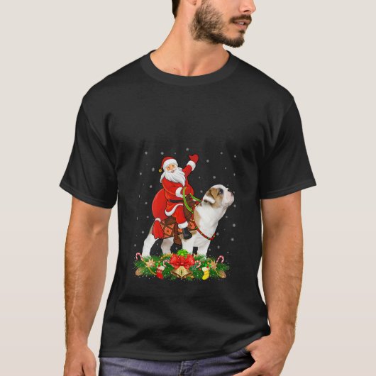 Womens Xmas Decor Funny Santa Riding English Bulld Tシャツ (正面)