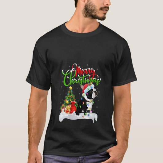 Womens Xmas Lighting Matching Santa Boston Terrier Tシャツ (正面)