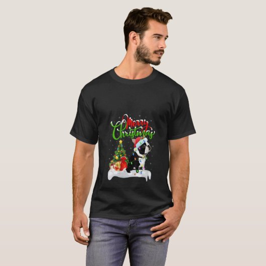 Womens Xmas Lighting Matching Santa Boston Terrier Tシャツ (正面フル)