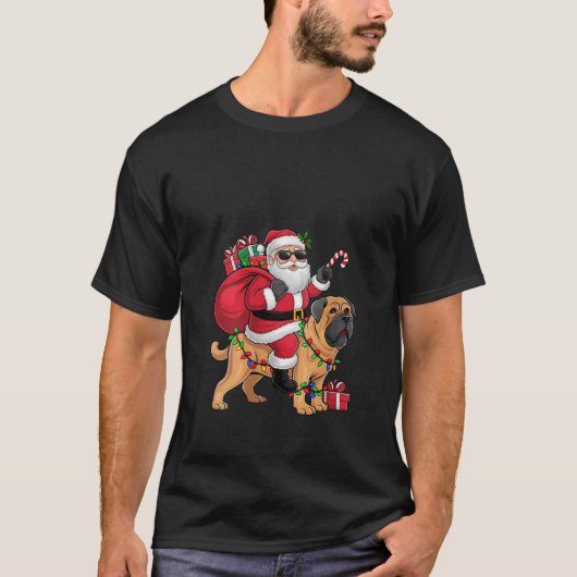 Womens Xmas Lighting Santa Riding English Mastiff  Tシャツ (正面)