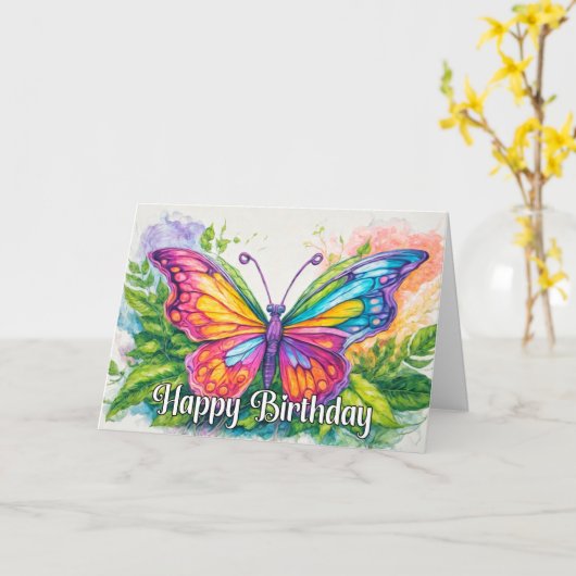 Wonderful Dancing Butterfly Happy Birthday カード (黄色い花)