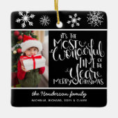 Wonderful Time & Merry Christmas Photo Snowflake セラミックオーナメント (正面)